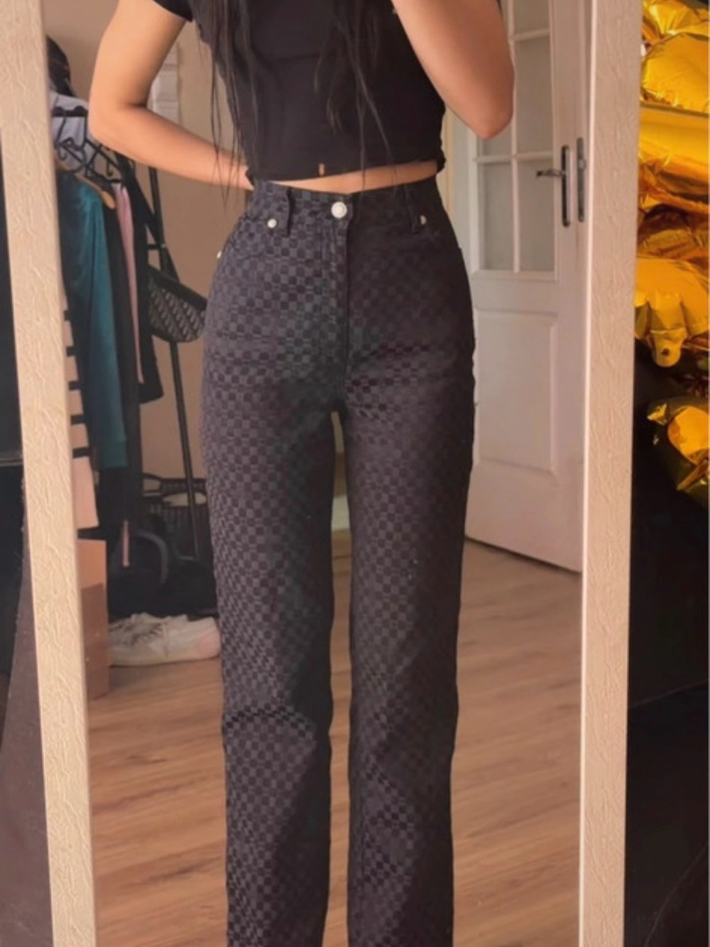 Versace Black Checkered High-Waist Straight Pants